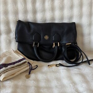 Tory Burch Fleming Pebbled Black Leather Satchel